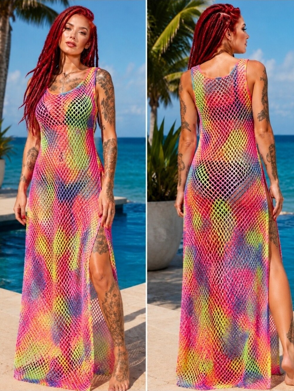Women’s Multicolor Mesh Maxi Swim Cover Up Dress XXL